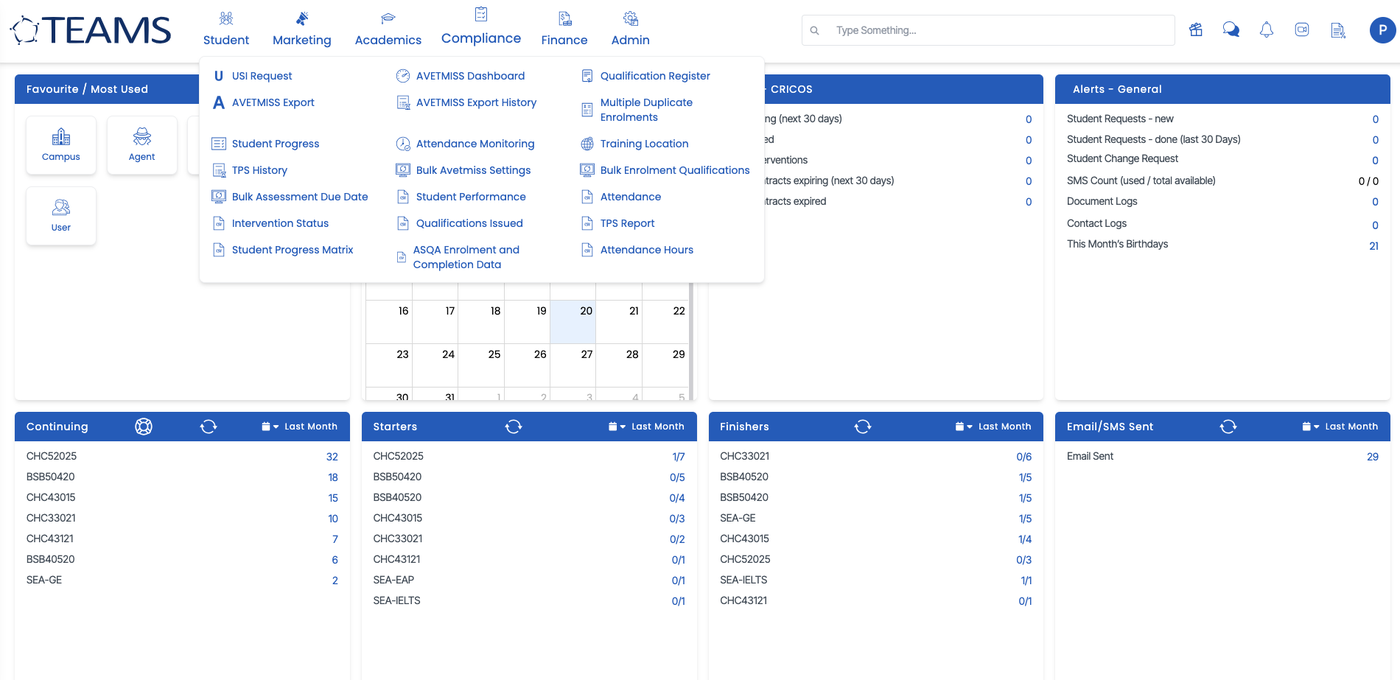 The TEAMS navigation menu, showing Student, Marketing, Academics, Compliance, Finance and Admin modules